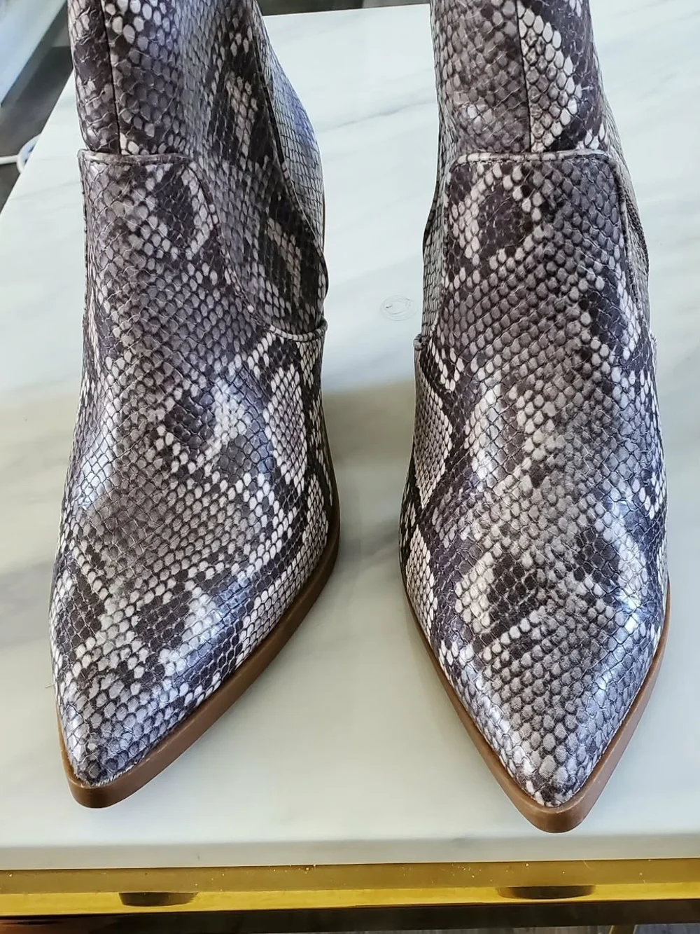 Express Gray Snake-Print Pointed Ankle Booties
